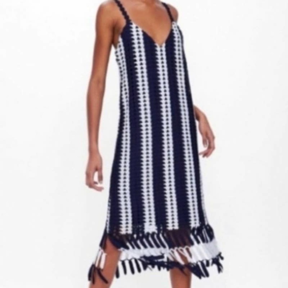 Zara Knit Tank Dress with Fringe Blue & White Size Medium